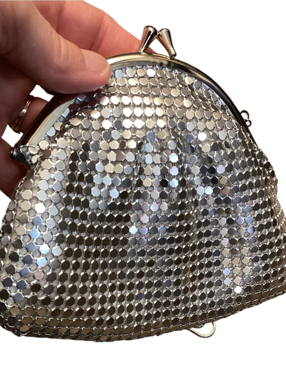 Mark. Silver Metal Mesh Evening Bag Kiss Lock Clutch Chain Strap Y2K Disco Glam - Picture 2 of 10